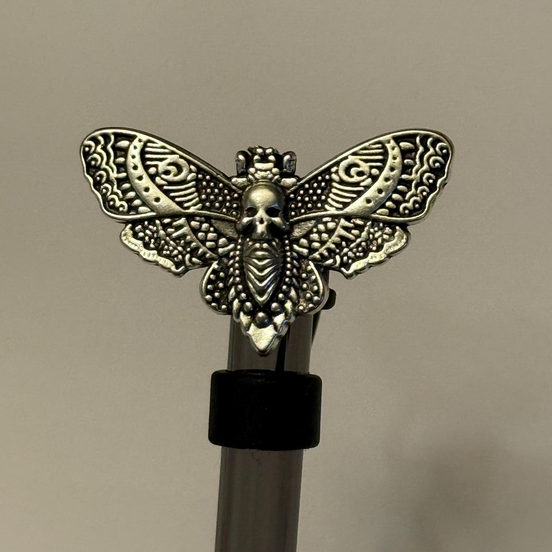 Enamel Black or silver Death Head Moth Straw Cap, for the Deadly Damask Stanley 20 30 or 40 oz Tumblers, unique gift Halloween accessories