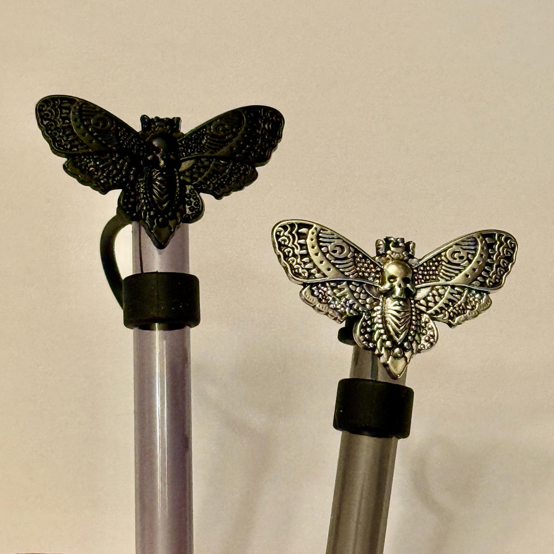 Enamel Black or silver Death Head Moth Straw Cap, for the Deadly Damask Stanley 20 30 or 40 oz Tumblers, unique gift Halloween accessories