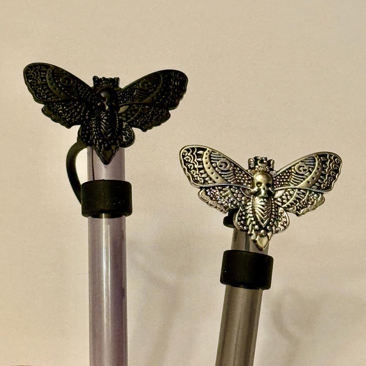 Enamel Black or silver Death Head Moth Straw Cap, for the Deadly Damask Stanley 20 30 or 40 oz Tumblers, unique gift Halloween accessories