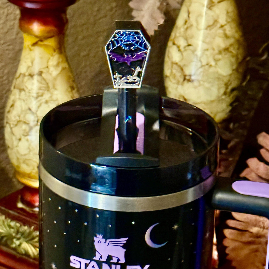 Spellcast Black Straw Topper, Bat Spider Web, for Stanley 20 30 or 40 oz Tumblers, unique gift Halloween accessories
