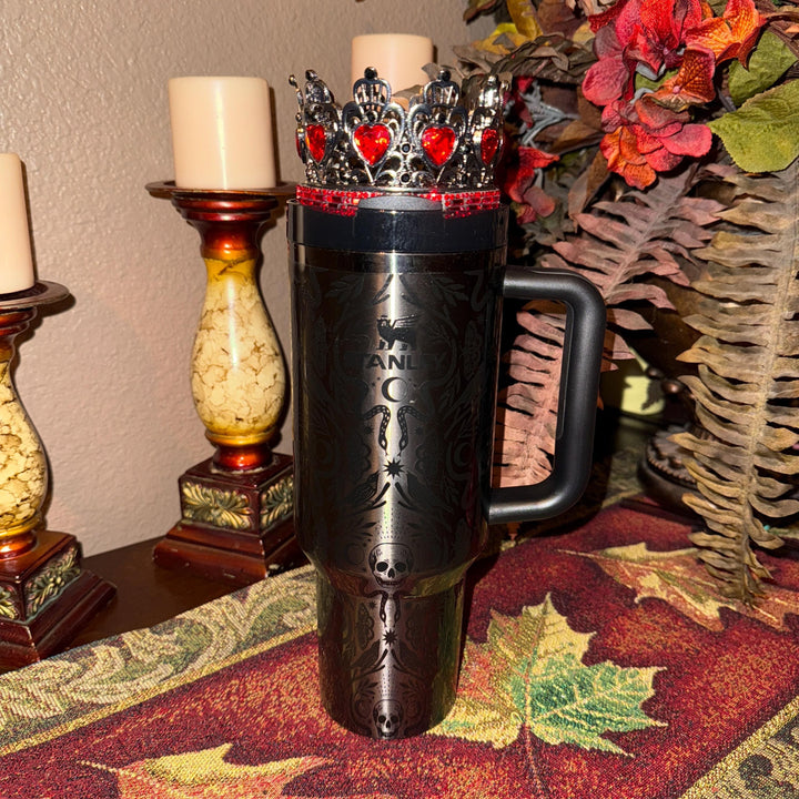 Red Black Crown Deadly Damask topper, boot, charm for Stanley 20 30 or 40 oz Tumblers, Halloween accessories, black moth snake sugarskull