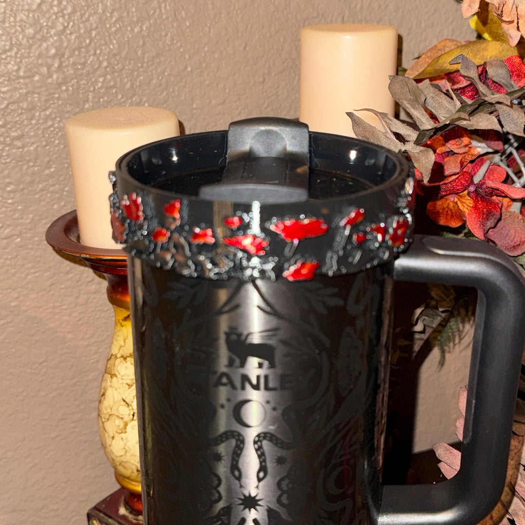 Gunmetal Black Rubg Red Skull or XL Crown tumbler topper, boot or halo Stanley 20 30 or 40 oz Tumblers, Halloween accessories