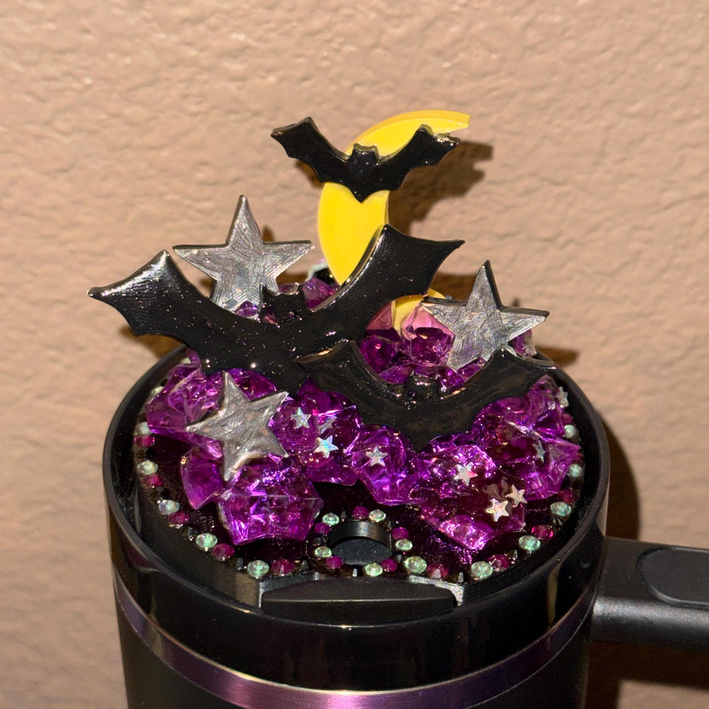 Spellcast Black Bats Moon and Stars Tumbler Topper or boot, for Stanley 20 30 or 40 oz Tumblers, unique gift Halloween accessories