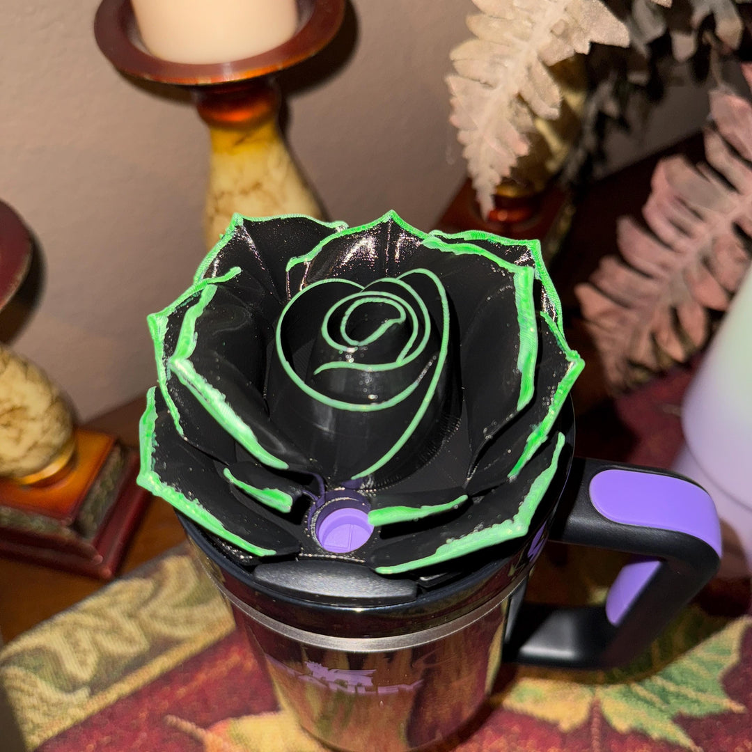 Black Rose with UV Flourescent Neon Green tips Tumbler Topper that fit the 30 oz and 40 oz Stanley tumbler lids, great Halloween accessories