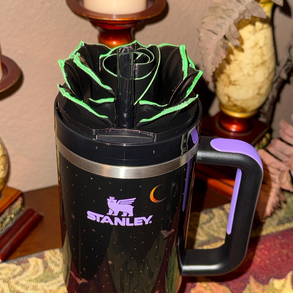 Black Rose with UV Flourescent Neon Green tips or Purple Tips Tumbler Topper, Fits 20 30 oz and 40 oz Stanley lids, Halloween accessories
