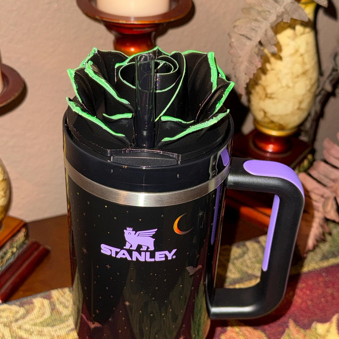Black Rose with UV Flourescent Neon Green tips Tumbler Topper that fit the 30 oz and 40 oz Stanley tumbler lids, great Halloween accessories