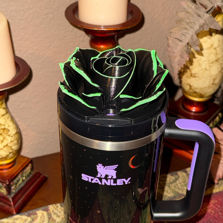 Black Rose with UV Flourescent Neon Green tips Tumbler Topper that fit the 30 oz and 40 oz Stanley tumbler lids, great Halloween accessories
