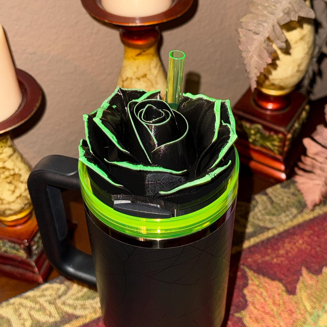 Black Rose with UV Flourescent Neon Green tips Tumbler Topper that fit the 30 oz and 40 oz Stanley tumbler lids, great Halloween accessories
