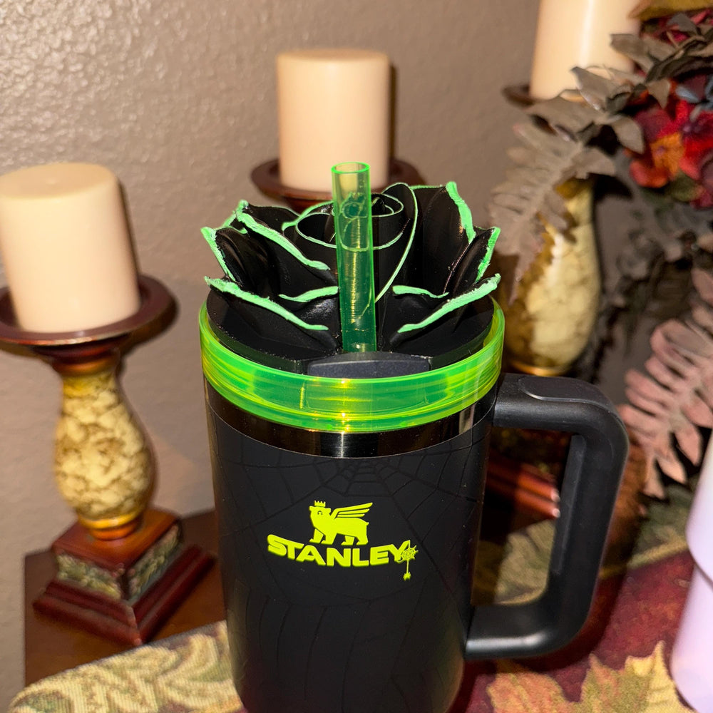 Black Rose with UV Flourescent Neon Green tips Tumbler Topper that fit the 30 oz and 40 oz Stanley tumbler lids, great Halloween accessories