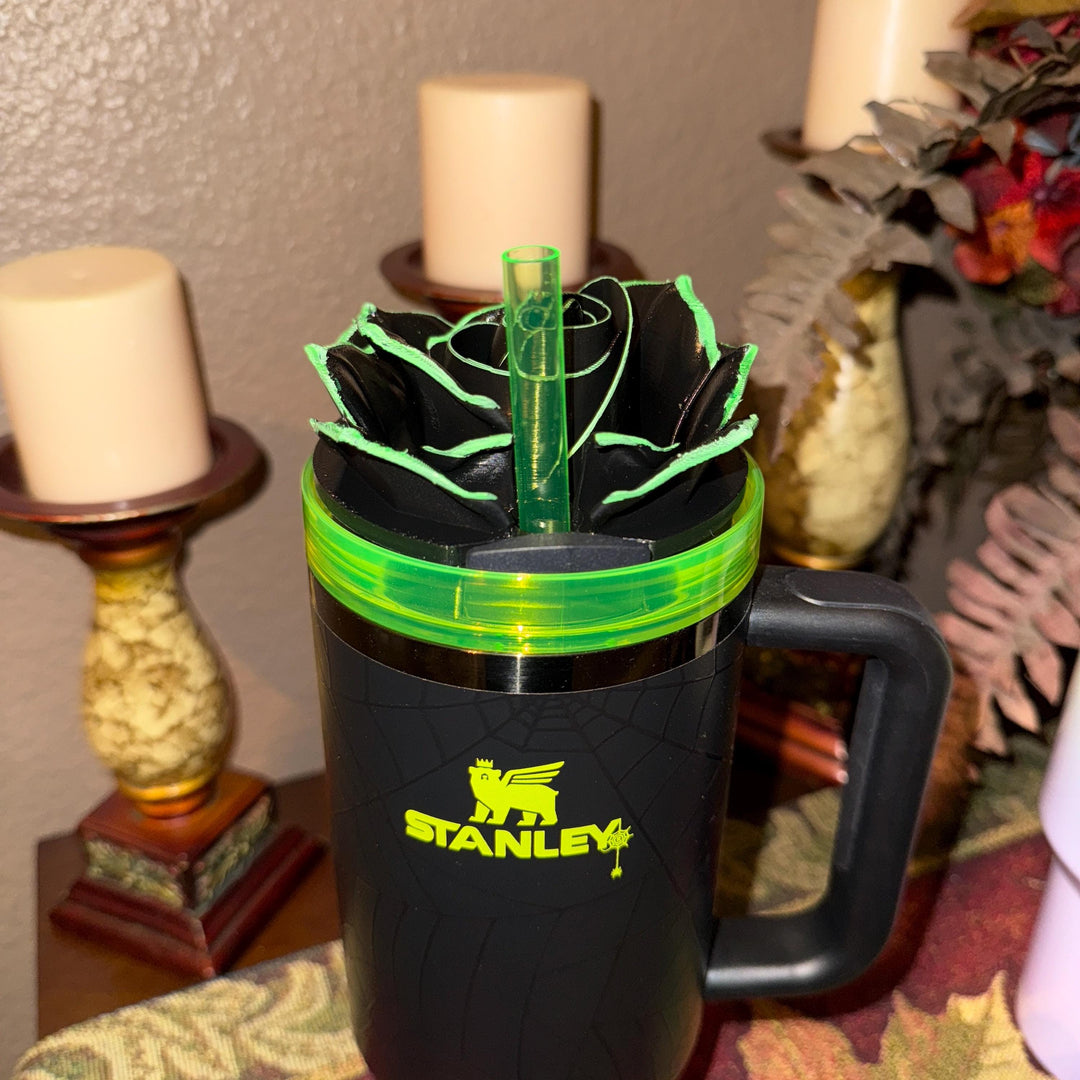 Black Rose with UV Flourescent Neon Green tips Tumbler Topper that fit the 30 oz and 40 oz Stanley tumbler lids, great Halloween accessories
