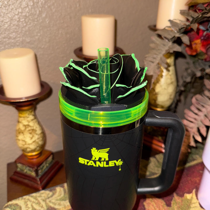 Black Rose with UV Flourescent Neon Green tips Tumbler Topper that fit the 30 oz and 40 oz Stanley tumbler lids, great Halloween accessories