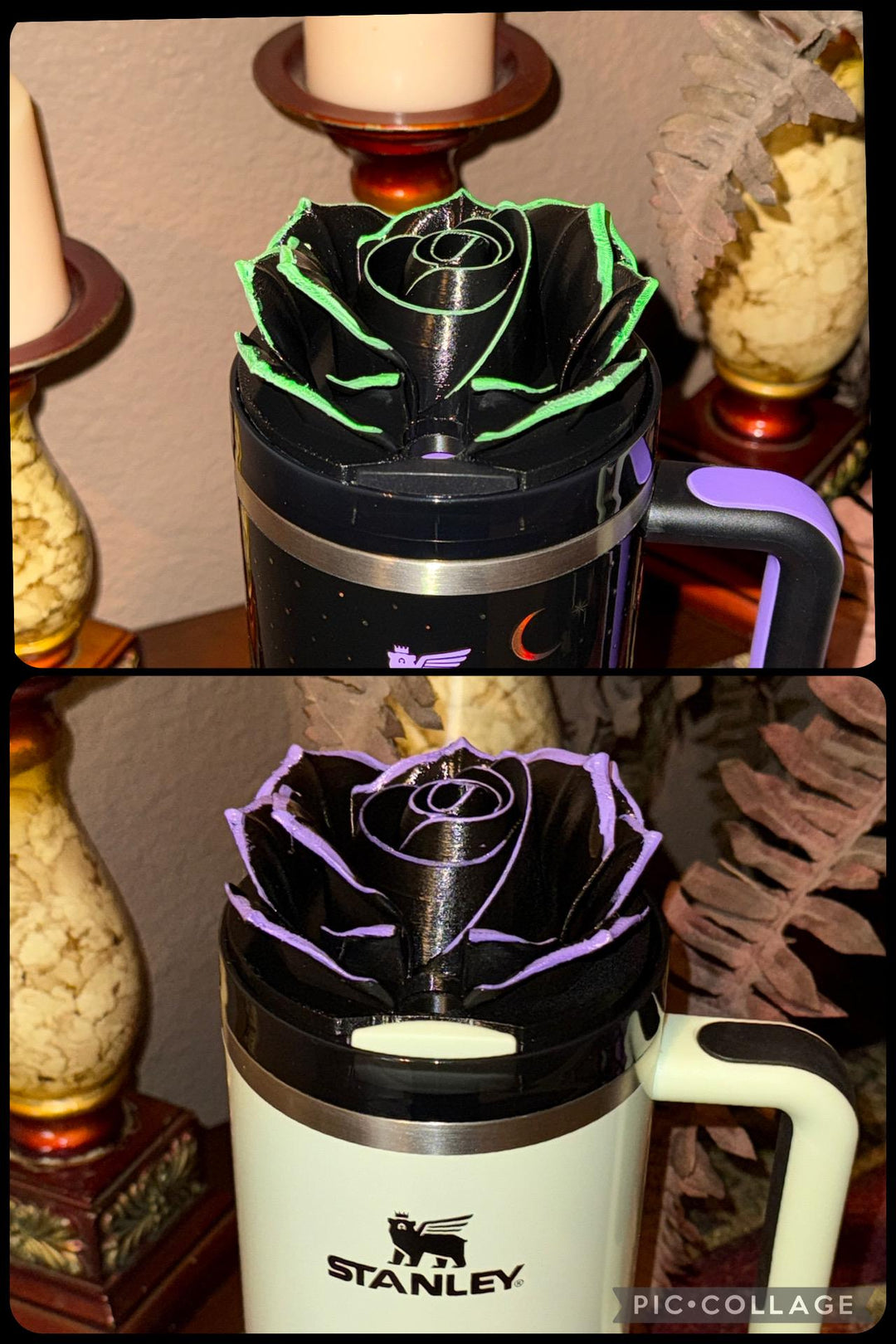 Black Rose with UV Flourescent Neon Green tips or Purple Tips Tumbler Topper, Fits 20 30 oz and 40 oz Stanley lids, Halloween accessories