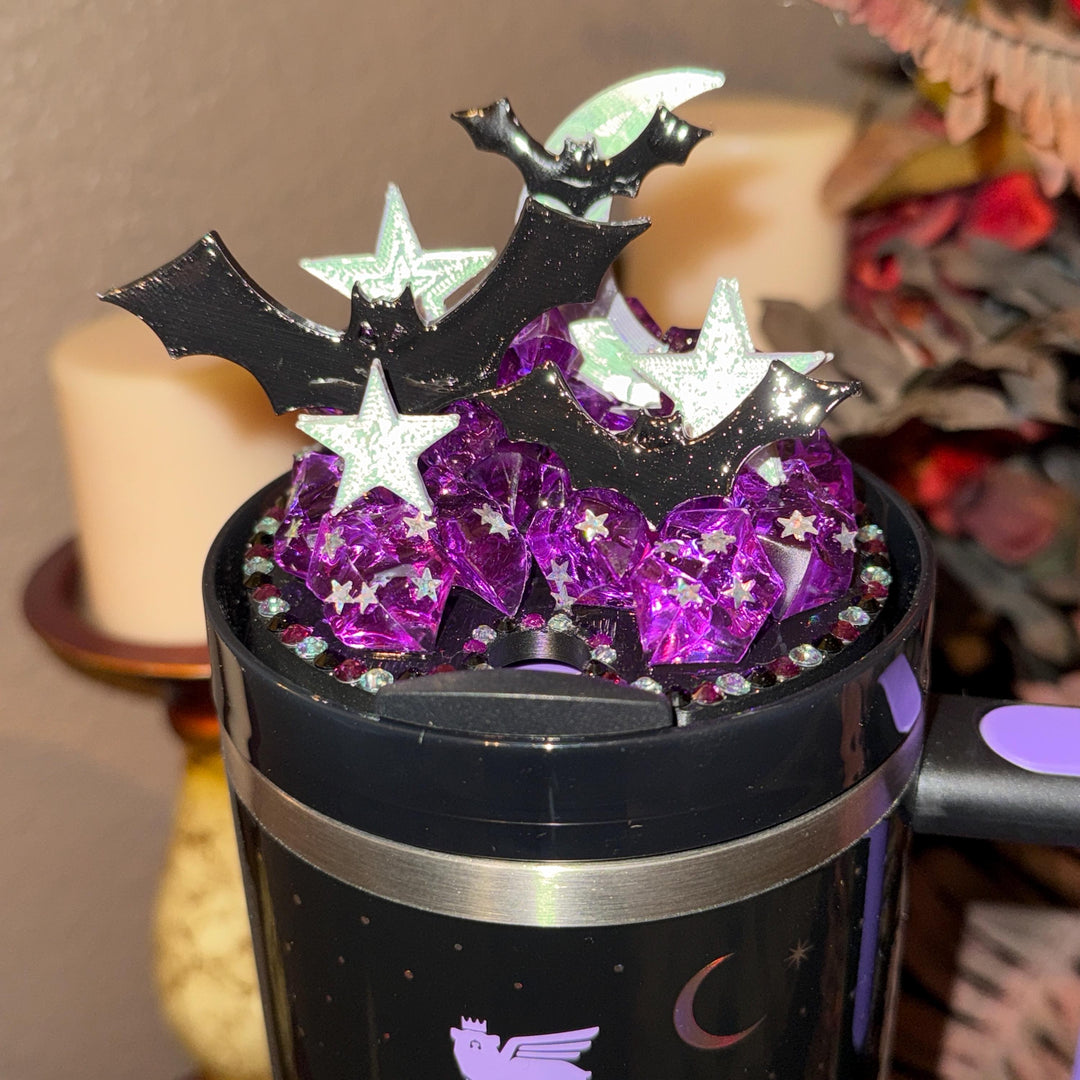 Spellcast Black Bats Moon and Stars Tumbler Topper or boot, for Stanley 20 30 or 40 oz Tumblers, unique gift Halloween accessories