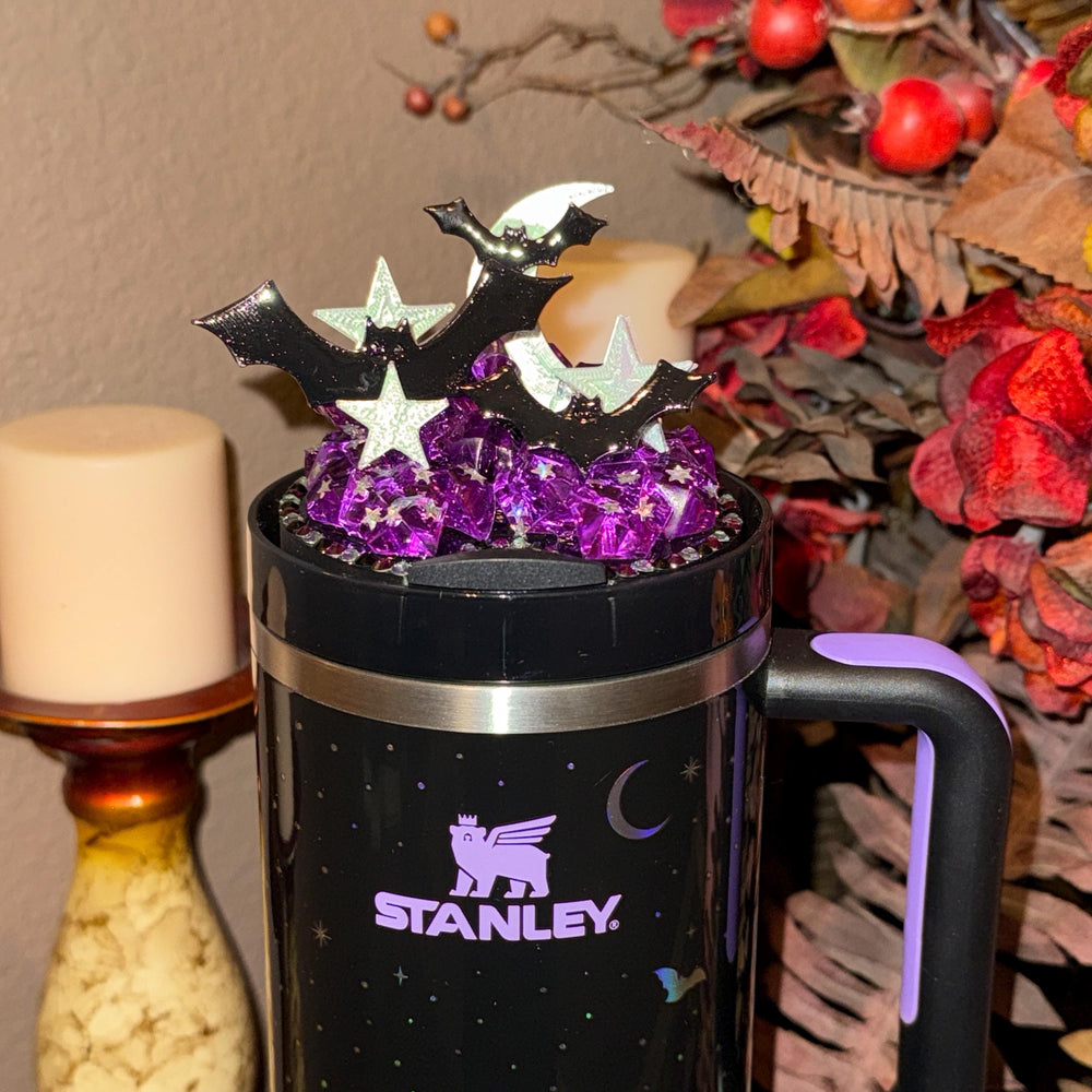 Spellcast Black Bats Moon and Stars Tumbler Topper or boot, for Stanley 20 30 or 40 oz Tumblers, unique gift Halloween accessories