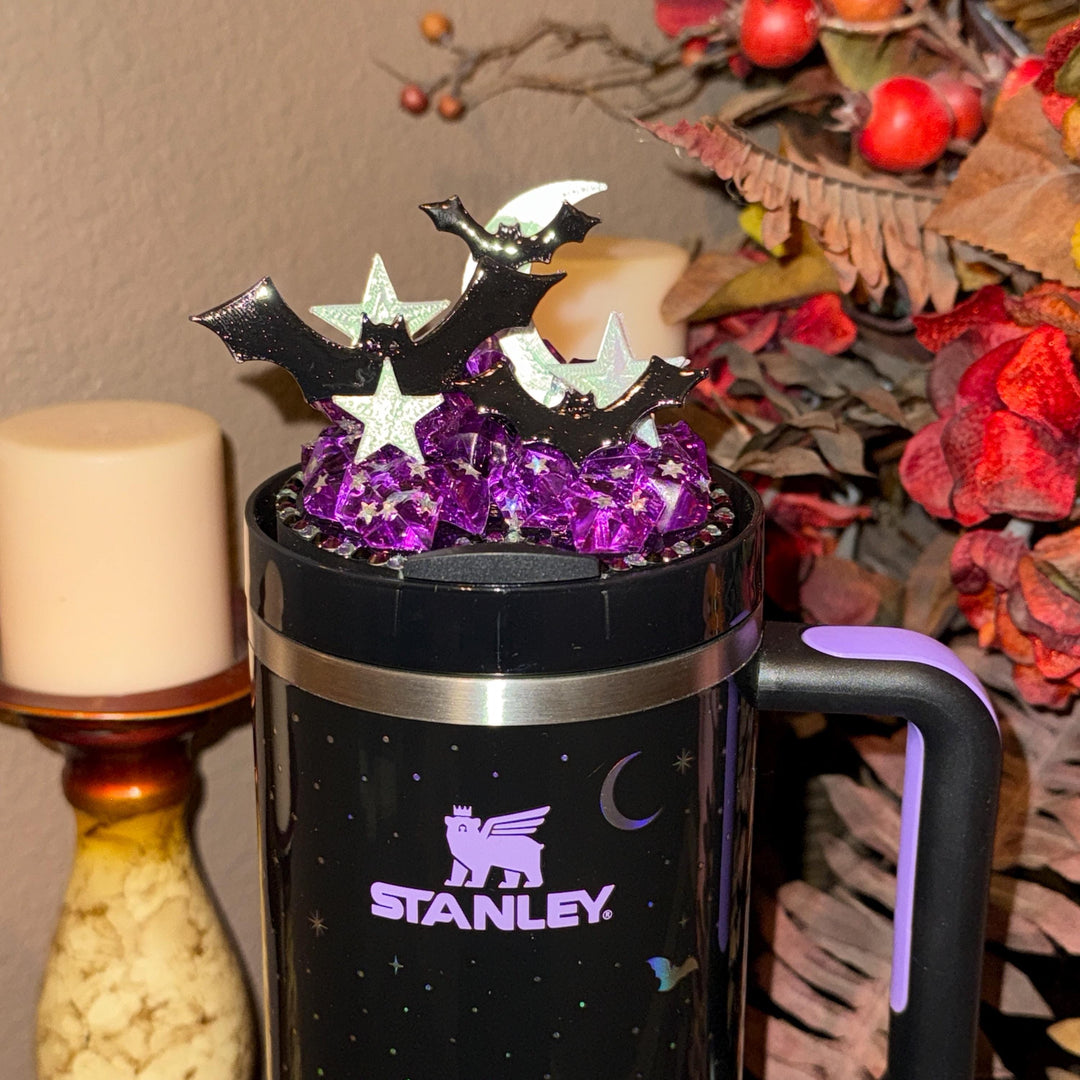 Spellcast Black Bats Moon and Stars Tumbler Topper or boot, for Stanley 20 30 or 40 oz Tumblers, unique gift Halloween accessories