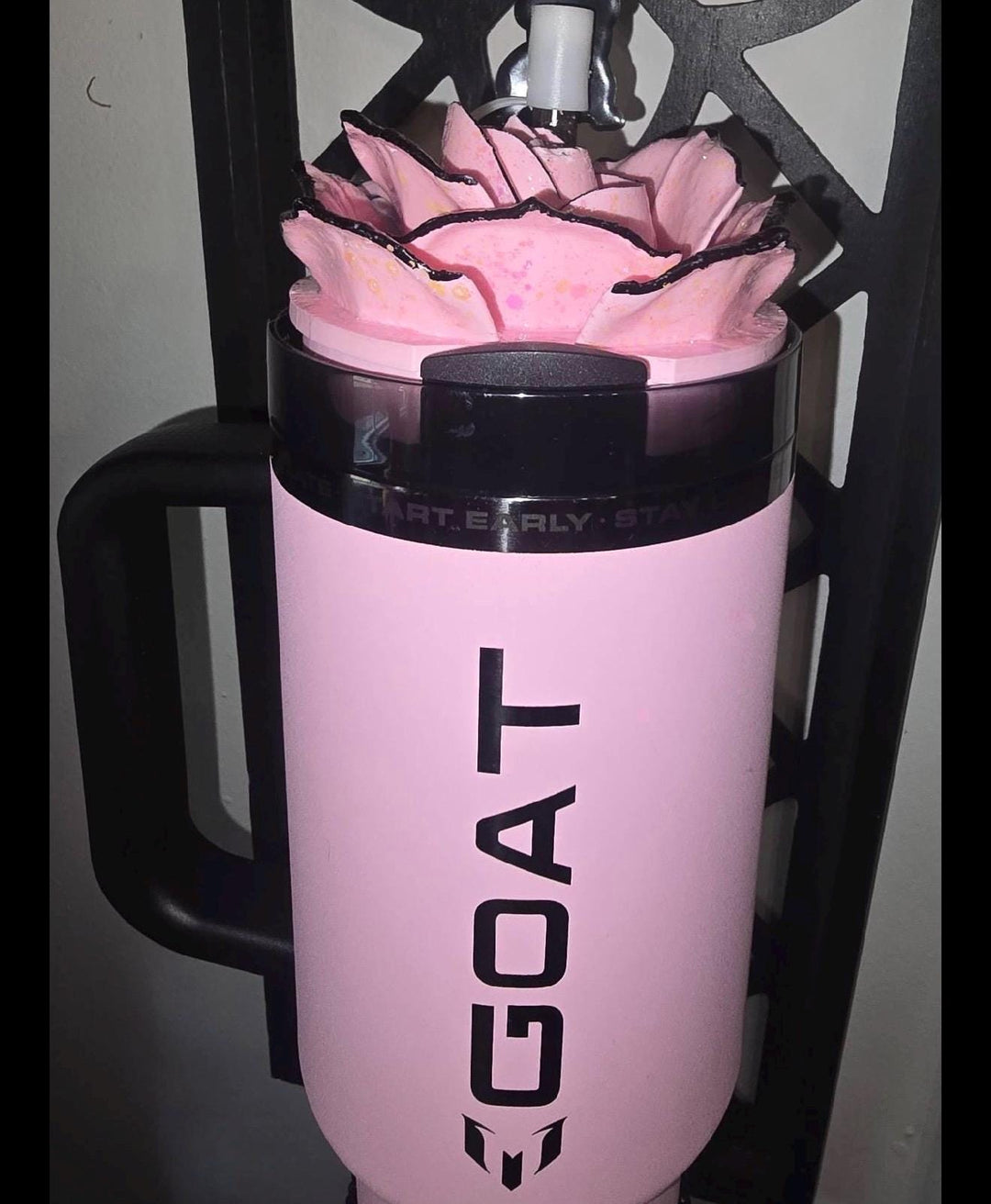 Pink 4 Rose Lud Topper with Black Tips, Fits your Stanley 40 oz Messi Pink GOAT, tumbler accessories