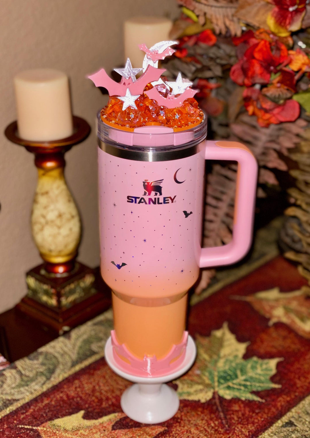 Spellcast PINK Bats Moon and Stars Tumbler Topper or boot, for Stanley 20 30 or 40 oz Tumblers, unique gift Halloween accessories