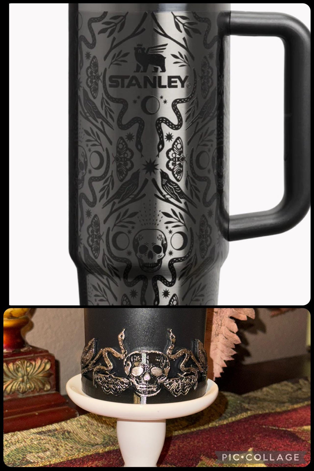 Deadly Damask tumbler boot, for Stanley 20 30 or 40 oz Tumblers, unique gift Halloween accessories black moth snake sugar skull
