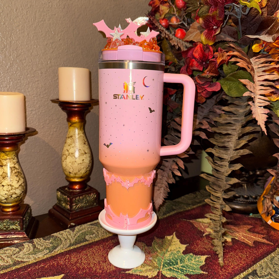 Spellcast PINK Bats Moon and Stars Tumbler Topper or boot, for Stanley 20 30 or 40 oz Tumblers, unique gift Halloween accessories