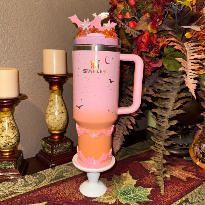 Spellcast PINK Bats Moon and Stars Tumbler Topper or boot, for Stanley 20 30 or 40 oz Tumblers, unique gift Halloween accessories