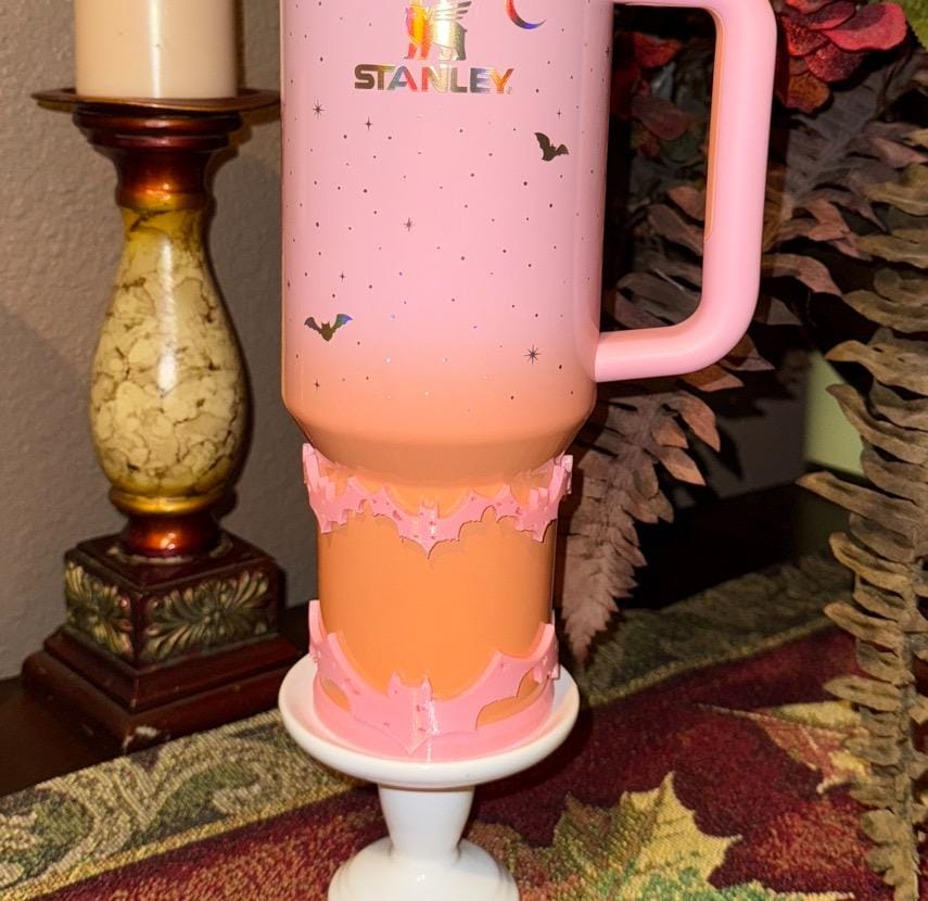 Spellcast PINK Bats Moon and Stars Tumbler Topper or boot, for Stanley 20 30 or 40 oz Tumblers, unique gift Halloween accessories