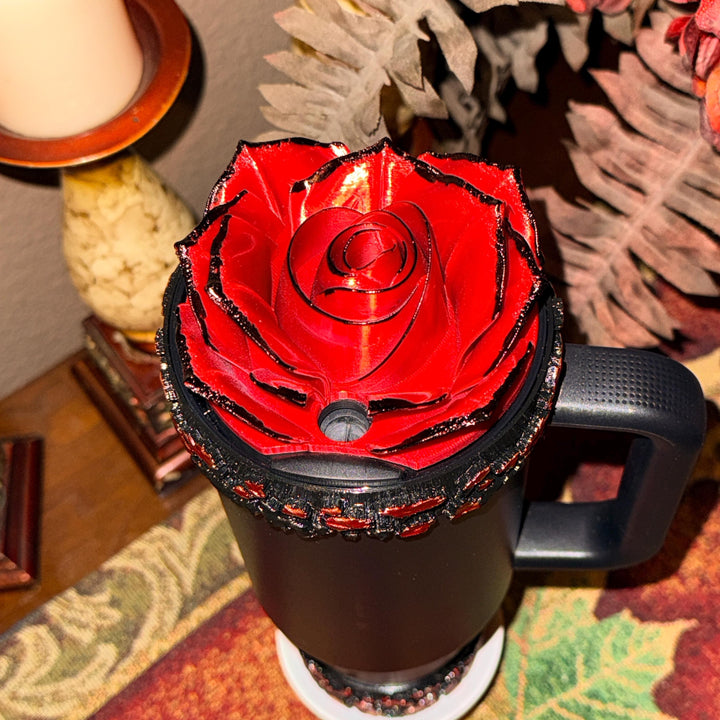 Black Midnight Ruby Floral tumbler boot, for Stanley 1913 x JENNIE collection 20 30 or 40 oz Tumblers, red rose black tips, Unique gift