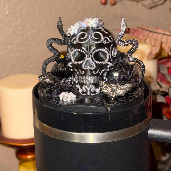 NEW Deadly Damask tumbler topper, boot, charm for Stanley 20 30 or 40 oz Tumblers, Halloween accessories, black moth snake sugarskull
