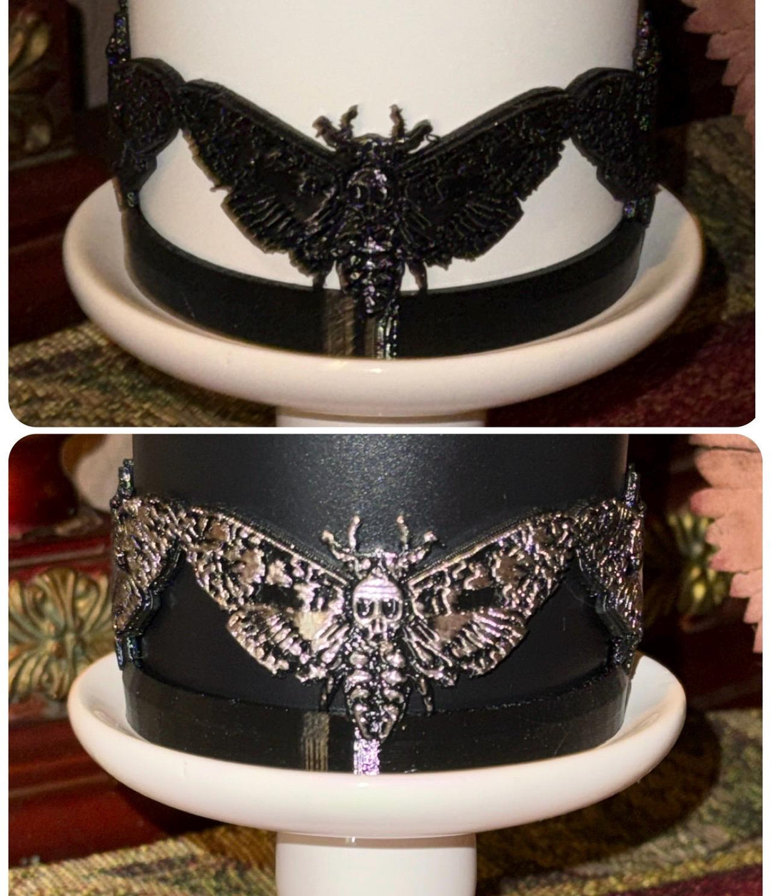 Black and Silver Moth Deadly Damask tumbler boot, for Stanley 20 30 or 40 oz Tumblers, unique gift Halloween accessories