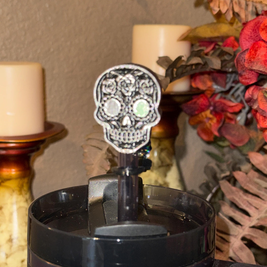 Black or Silver Sugar Skull Straw Topper, for Stanley 20 30 or 40 oz Tumblers, unique gift, gold, Halloween accessories