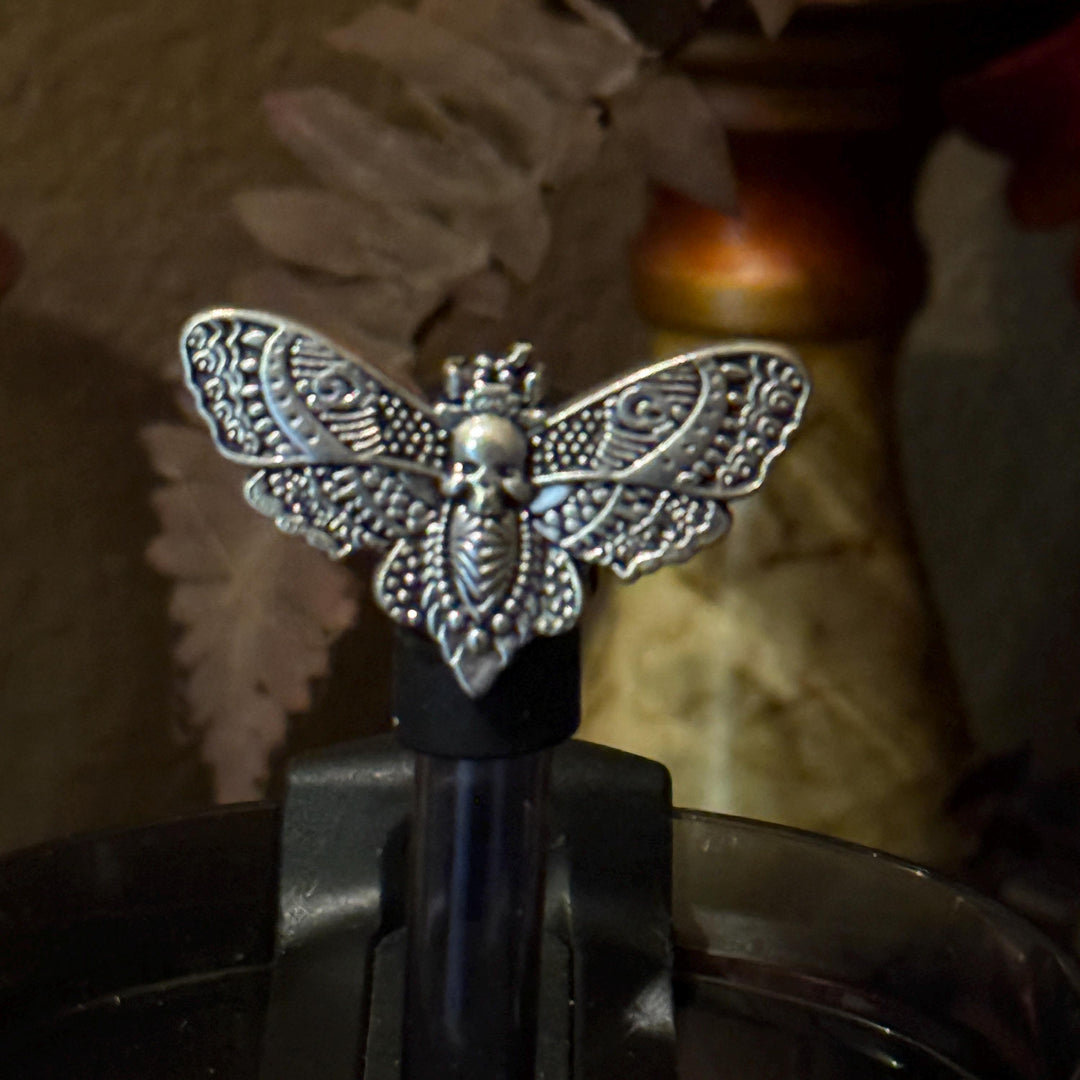 Enamel Black or silver Death Head Moth Straw Cap, for the Deadly Damask Stanley 20 30 or 40 oz Tumblers, unique gift Halloween accessories