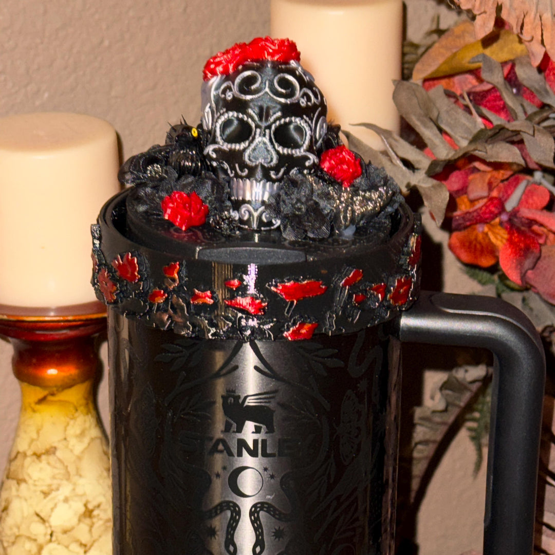 Gunmetal Black Rubg Red Skull or XL Crown tumbler topper, boot or halo Stanley 20 30 or 40 oz Tumblers, Halloween accessories