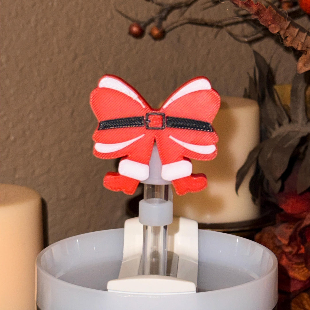 Santa Bow Straw Cap, for Stanley 20 30 or 40 oz Tumblers, unique gift, Christmas accessories