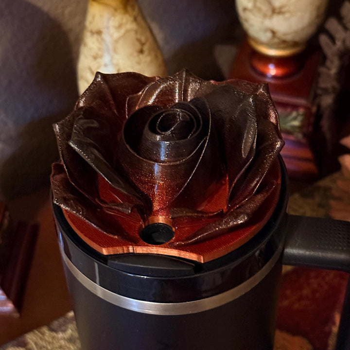 3D Burgundy Brown Bronze Rose Tumbler Topper that fit the Stanley Tumbler lids, Rose decorator lid, 3D Decorative Lid, Color shifting effect