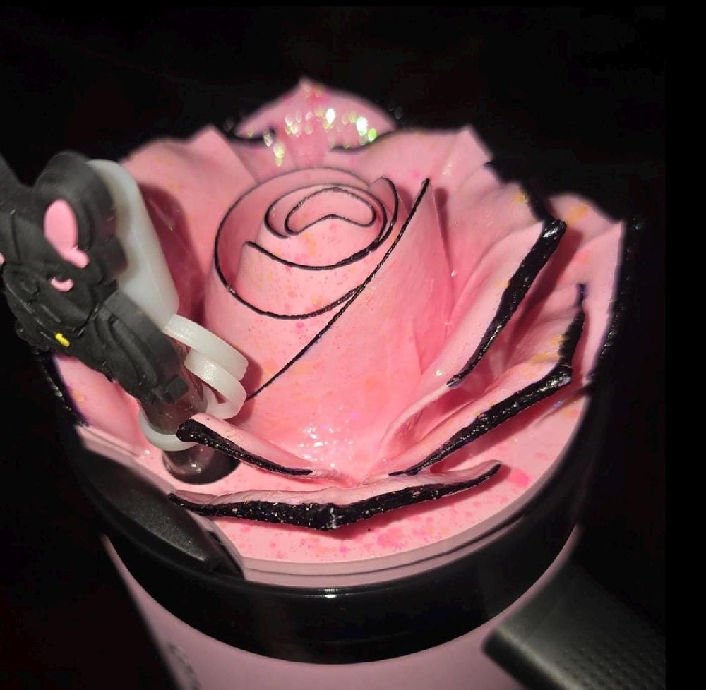 Pink 4 Rose Lud Topper with Black Tips, Fits your Stanley 40 oz Messi Pink GOAT, tumbler accessories