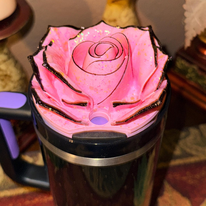 Pink 4 Rose Lud Topper with Black Tips, Fits your Stanley 40 oz Messi Pink GOAT, tumbler accessories