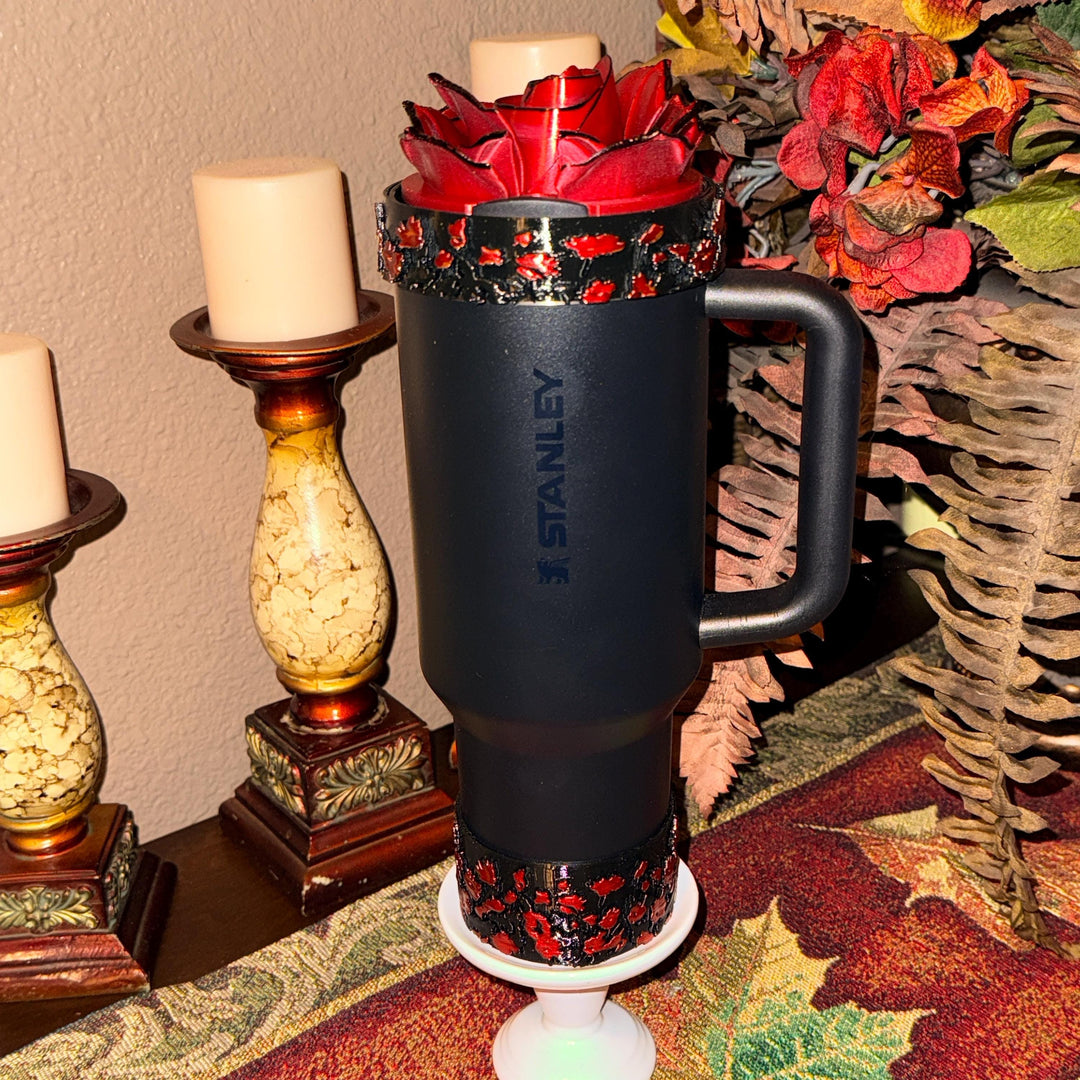 Black Midnight Ruby Floral tumbler boot, for Stanley 1913 x JENNIE collection 20 30 or 40 oz Tumblers, red rose black tips, Unique gift