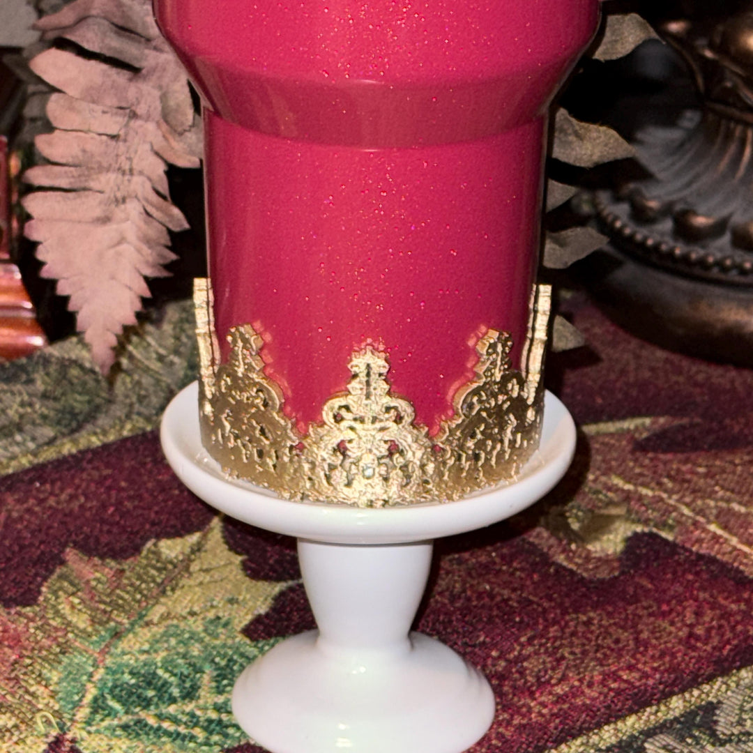 Gold Fancy Damask Lace Tumbler Boot or Halo, Drink Sleeve, fits your Stanley Tumblers, Unique Gift, Holly Berry Gloss Prosecco Shimmer