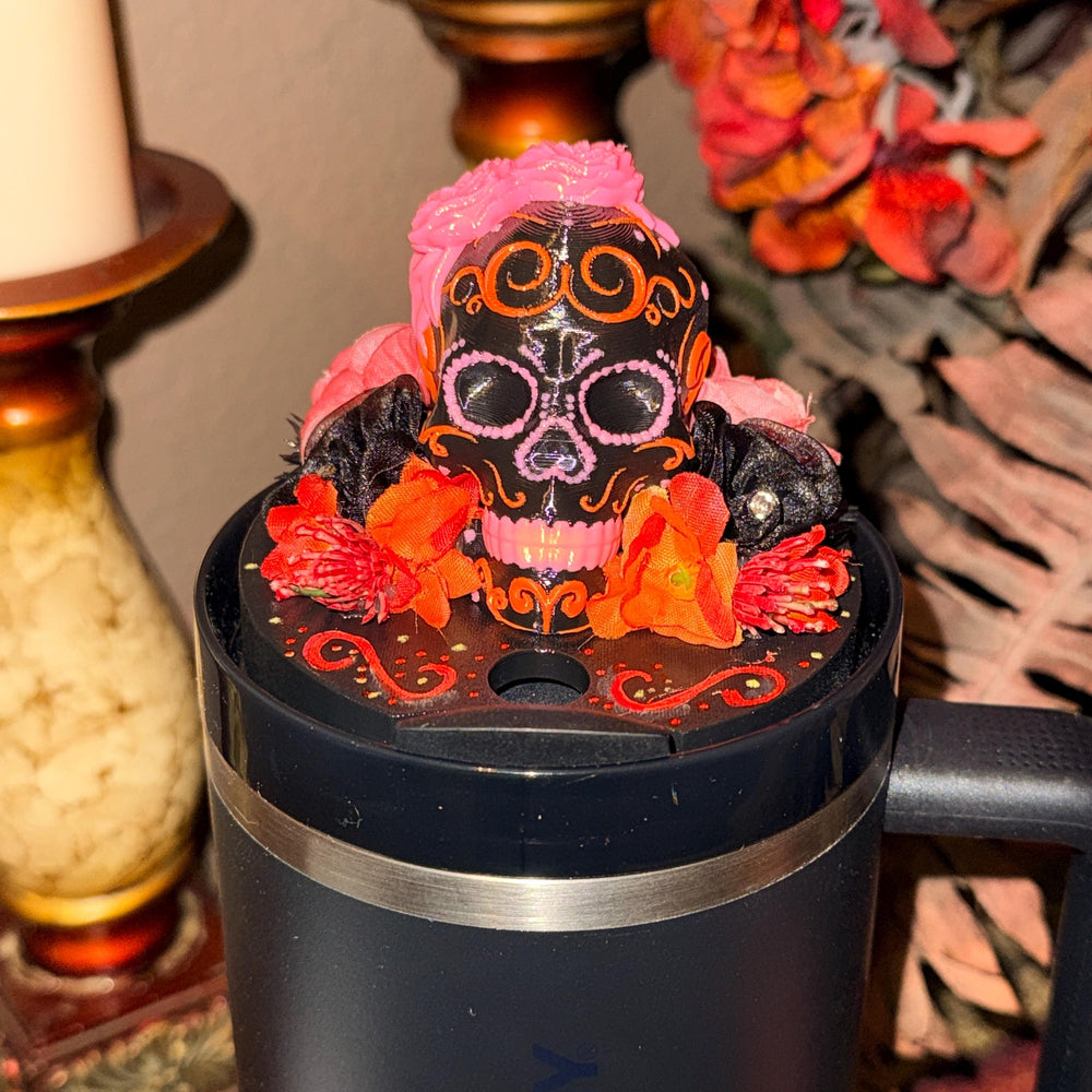 Deadly Catrina skull topper, boot and halo for Stanley 20 30 or 40 oz Tumblers, Halloween accessories, Day of the Dead, limited quantity