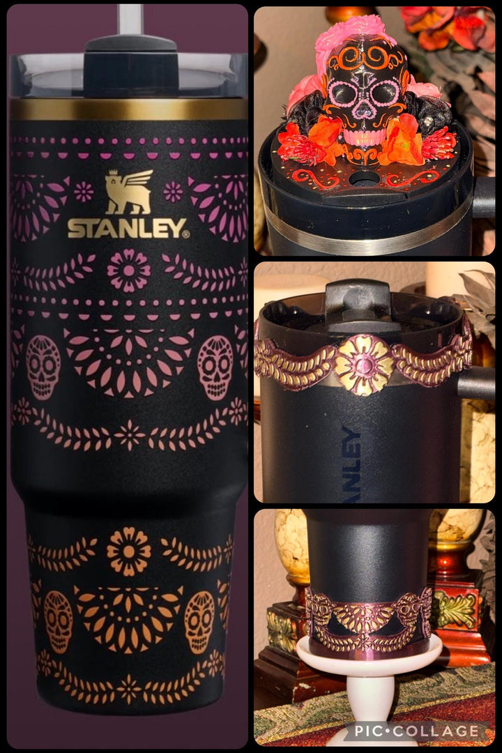 Deadly Catrina skull topper, boot and halo for Stanley 20 30 or 40 oz Tumblers, Halloween accessories, Day of the Dead, limited quantity