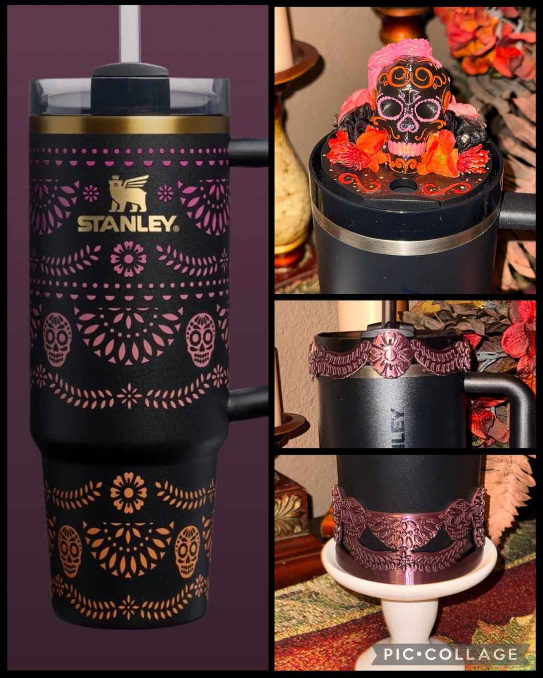 Deadly Catrina skull topper, boot and halo for Stanley 20 30 or 40 oz Tumblers, Halloween accessories, Day of the Dead, limited quantity