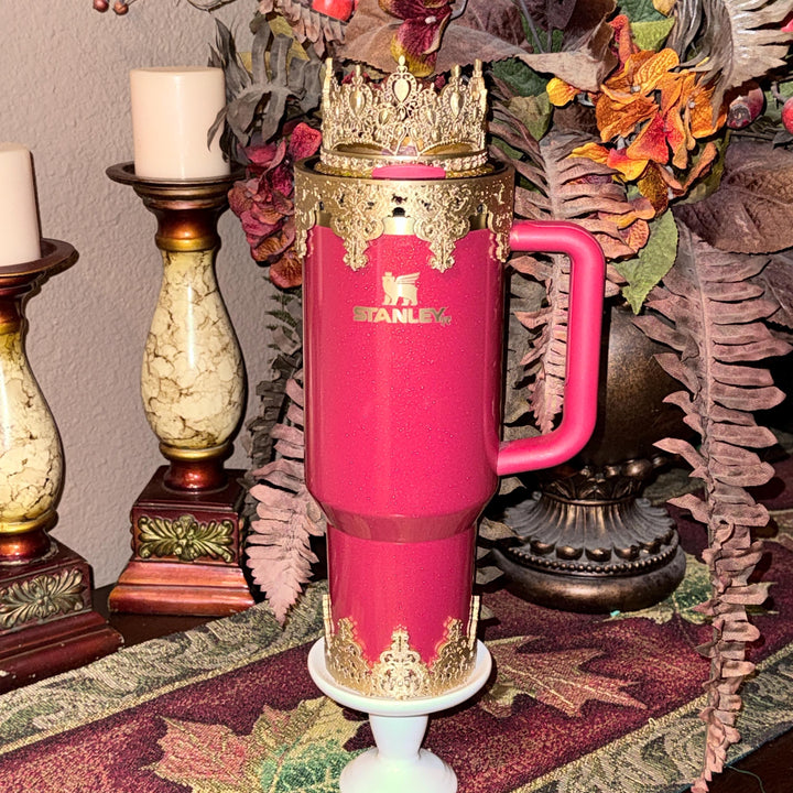 Gold Fancy Damask Lace Tumbler Boot or Halo, Drink Sleeve, fits your Stanley Tumblers, Unique Gift, Holly Berry Gloss Prosecco Shimmer
