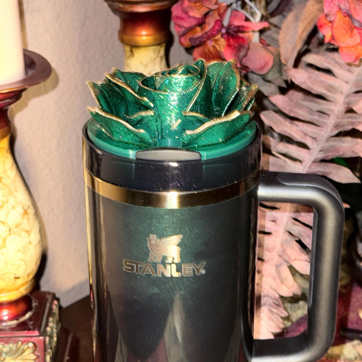 Green and Gold Tipped Fancy Rose tumbler topper, fits your Stanley Tumbler, March Saint Patrick's Day HOT SELLER