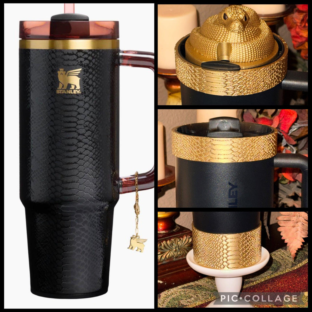 Snake and Snakeskin Gold Tumbler Accessories, boot, halo, lid topper, unique trending gifts for Stanley 20 30 40 oz Luxe Collection.