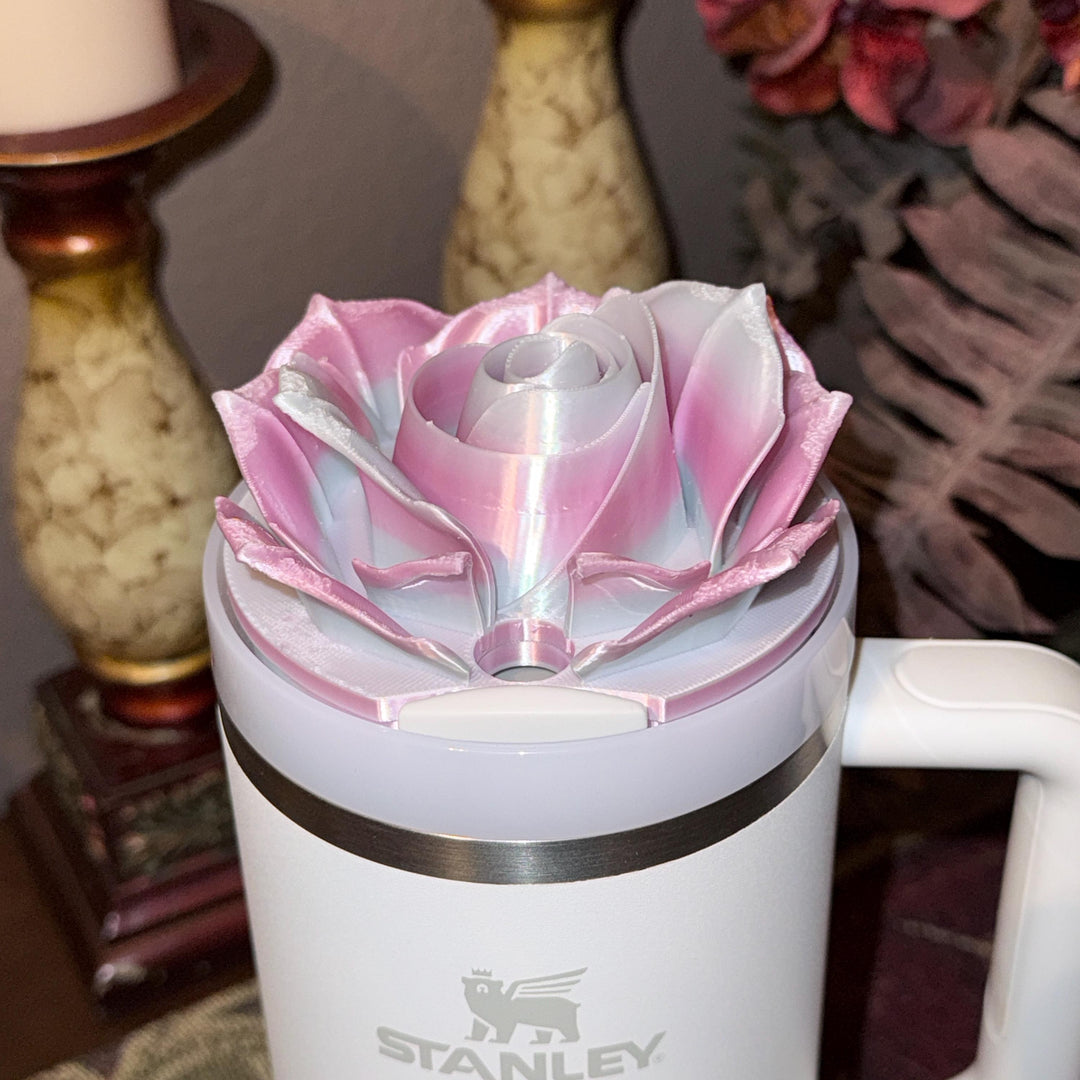 Light Pink Blue Pastel Ombre Rose Tumbler Topper that fit the Stanley Tumbler lids, Rose decorator lid, 3D Decorative Lid, ombre