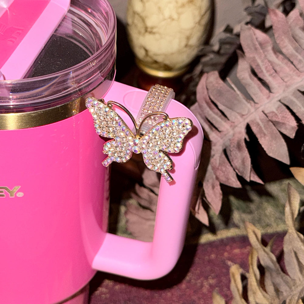 Butterfly Bling Rhinestone Cup Handle Clip – Gold pink Magnetic Tumbler Charm Accessory