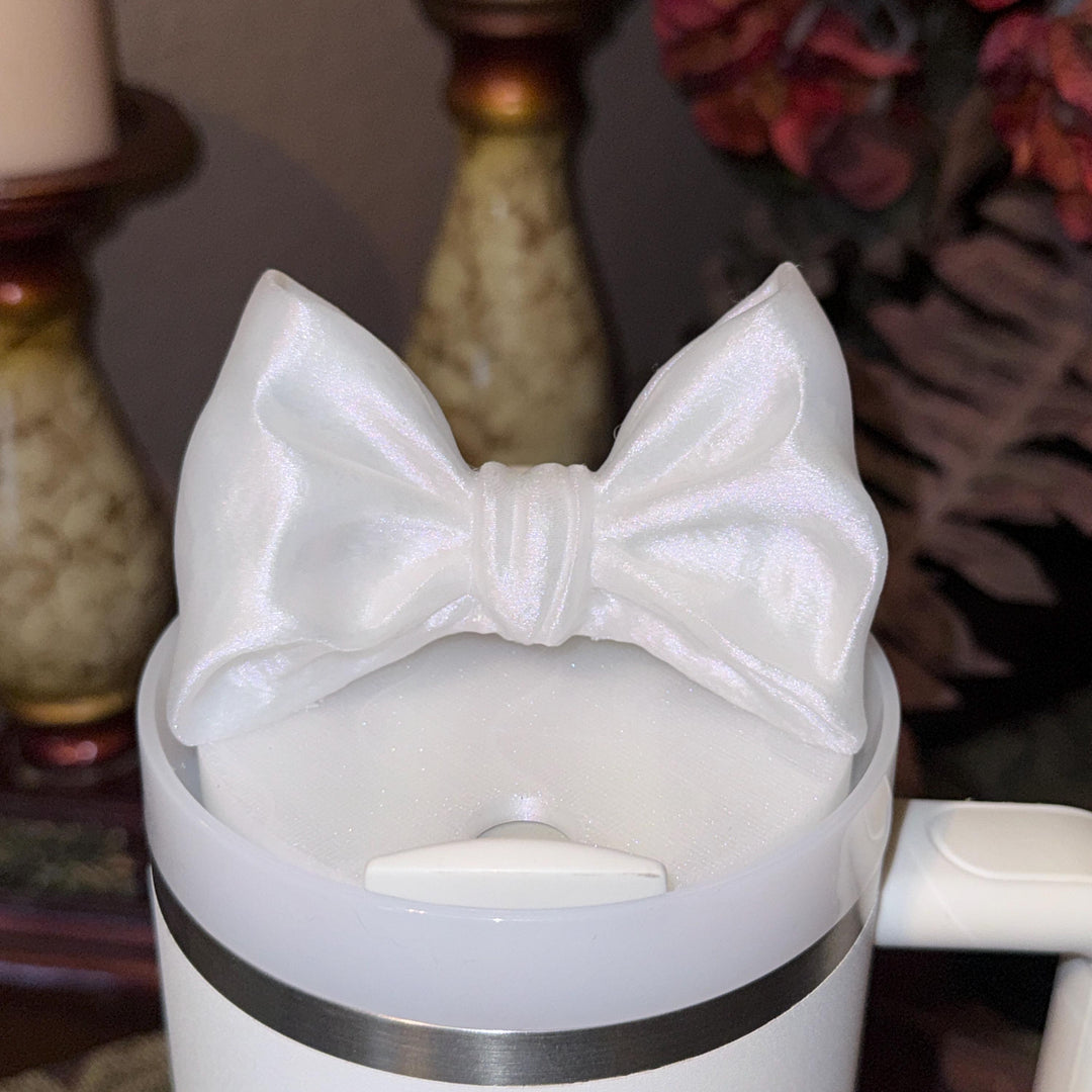 NEW White Shimmer LSF Couquette Ribbon Bow Tumbler Boot, lid topper, handle charms, Fit the Love Shack Fancy Stanley, Unique Accessories