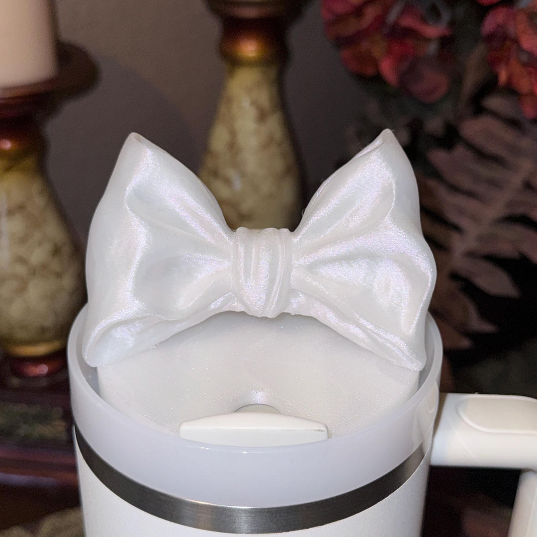 White Shimmer LSF Couquette Ribbon Bow lid topper, handle charms, white tumbler boot, Fit the Love Shack Fancy Stanley, Unique Accessories