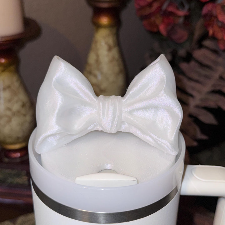 White Shimmer LSF Couquette Ribbon Bow lid topper, handle charms, white tumbler boot, Fit the Love Shack Fancy Stanley, Unique Accessories