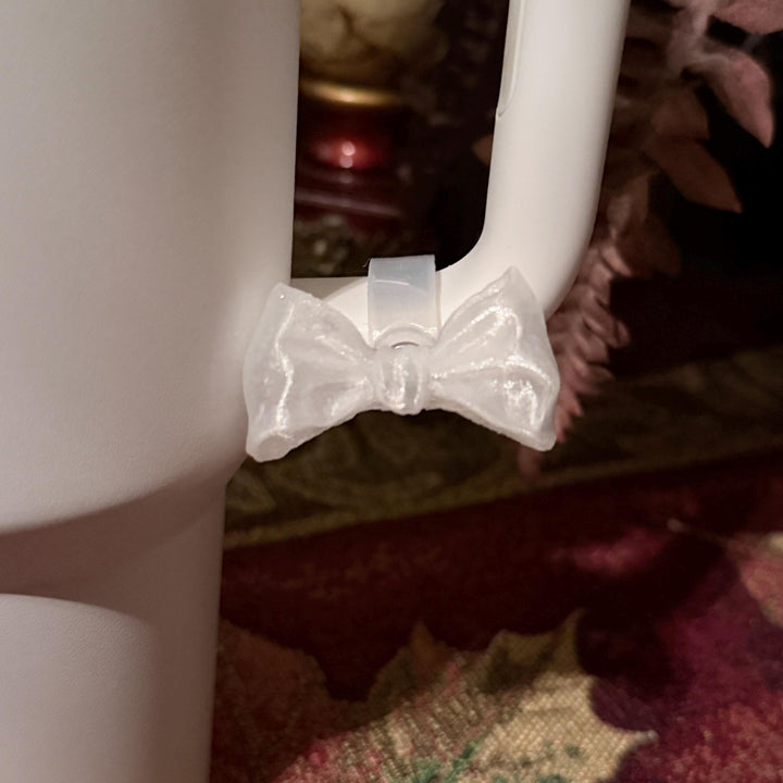 White Shimmer LSF Couquette Ribbon Bow lid topper, handle charms, white tumbler boot, Fit the Love Shack Fancy Stanley, Unique Accessories