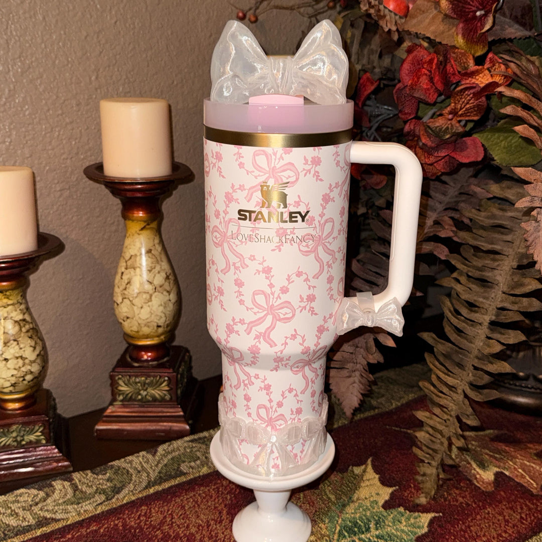 NEW Translucent Clear LSF Couquette Ribbon Bow Tumbler Boot, lid topper, handle charms, Fit the Love Shack Fancy Stanley, Rose Bow Design